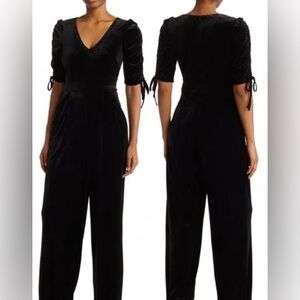 Eliza J Velvet Ruched Short Sleeve Black Velvet Jumpsuit